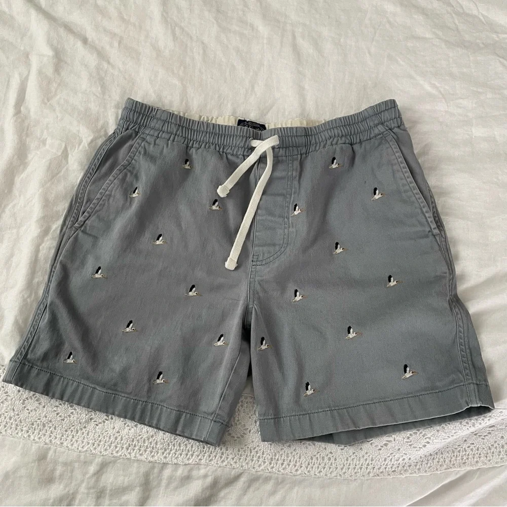 J. Crew SMALL Dock Shorts Blue Pelican Embroidered Print Drawstring Waist